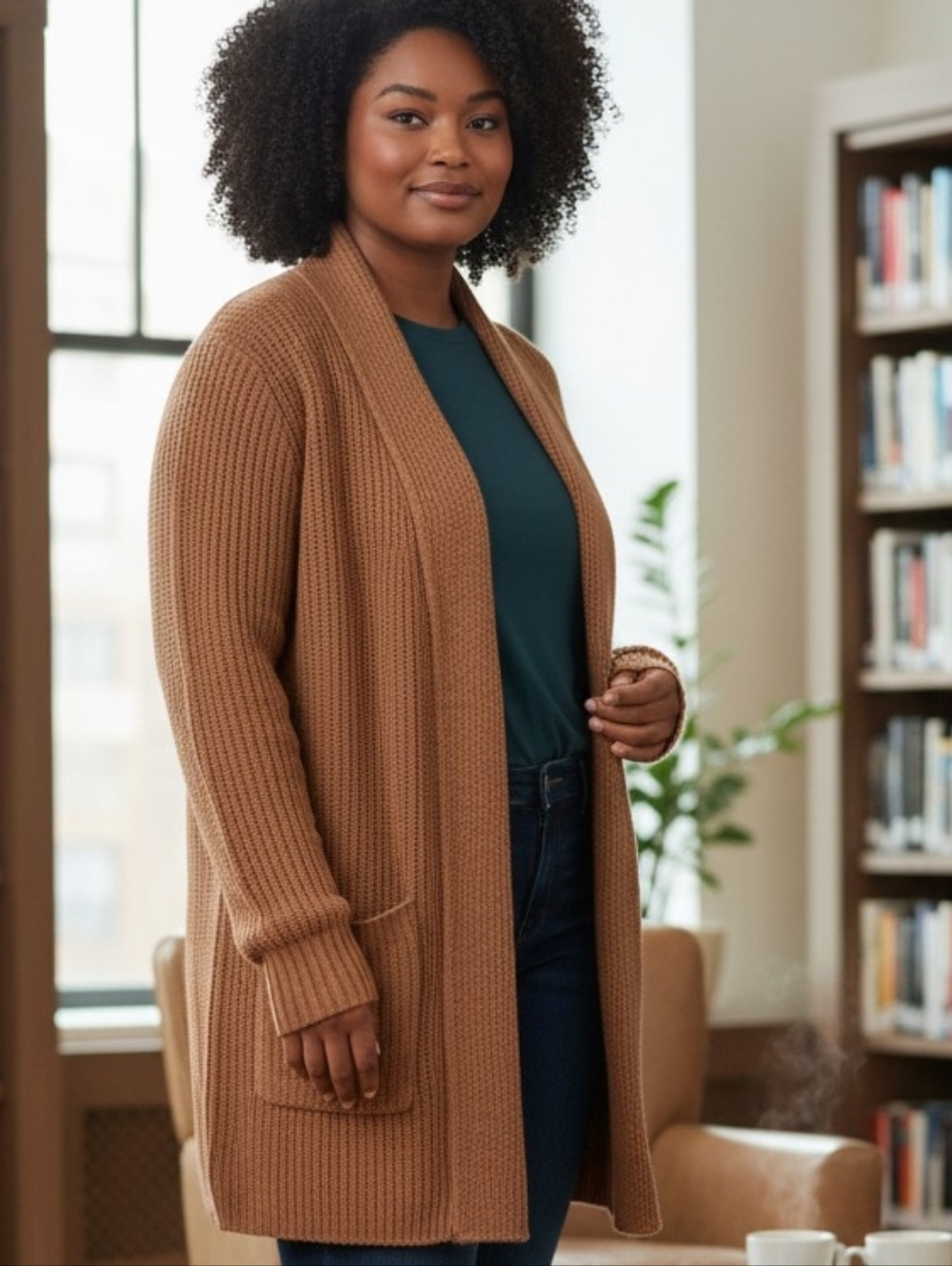 RW&CO. Open-Front Ribbed Cardigan in Camel - Wool Blend 4387